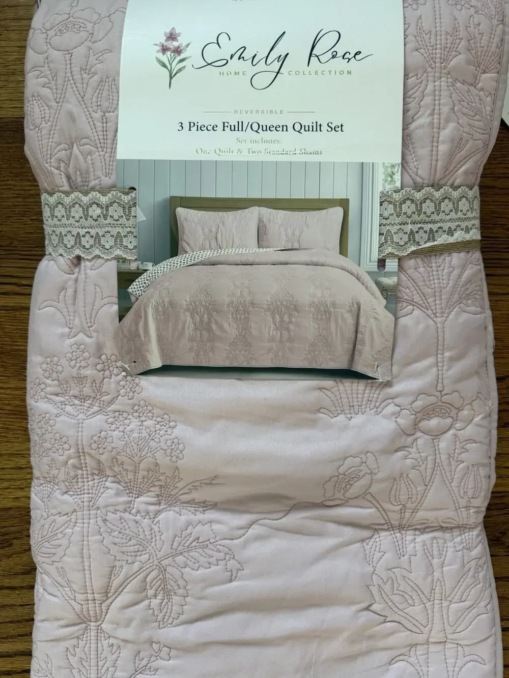 Emily Rose 3-Piece Reversible Full/Queen Quilt Set – Blush Pink / Floral